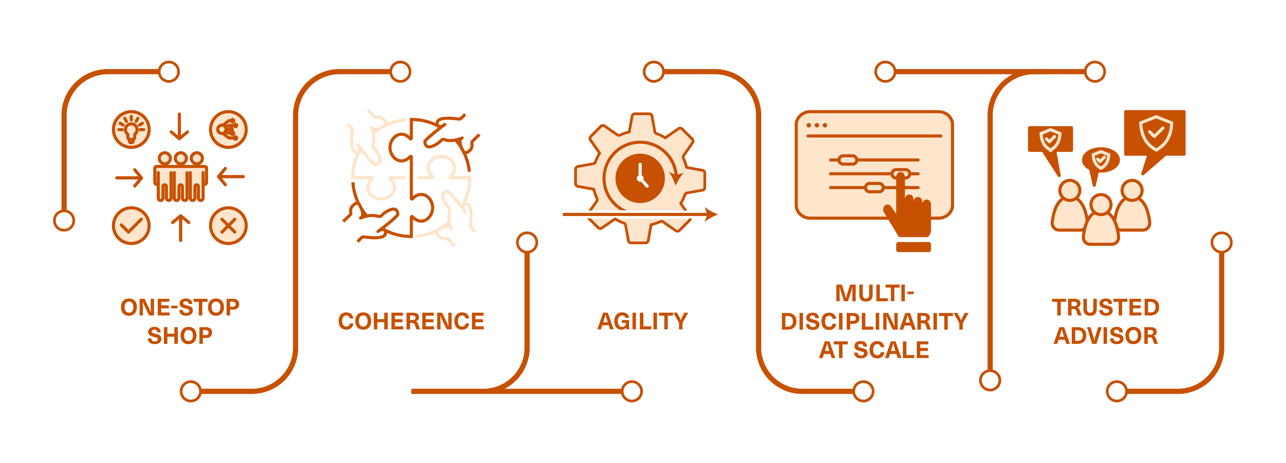 Icons representing the programme's aims, with the following text: The aims of the Public Policy programme: to be a one-stop shop and a trusted adviser; to have coherence, agility and multi-disciplinarity at scale.