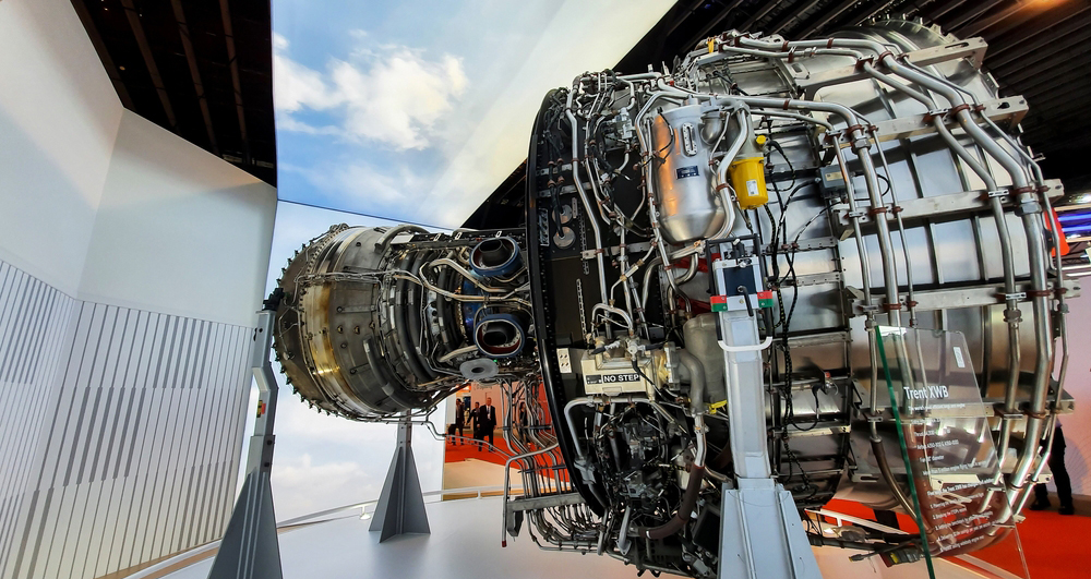 Photograph of the interior of a Rolls-Royce Trent XWB jet engine