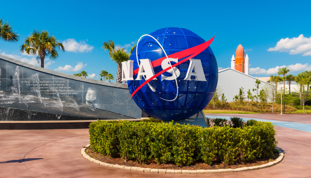 NASA logo on globe at Kennedy Space Center Visitor Complex in Cape Canaveral, Florida, USA