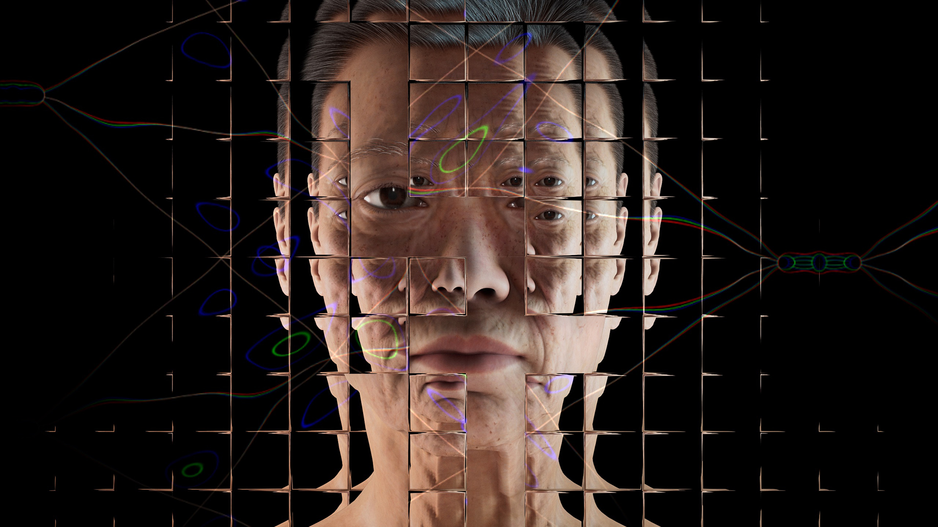 Portrait of a simulated middle-aged white woman against a black background. The scene is refracted in different ways by a fragmented glass grid.