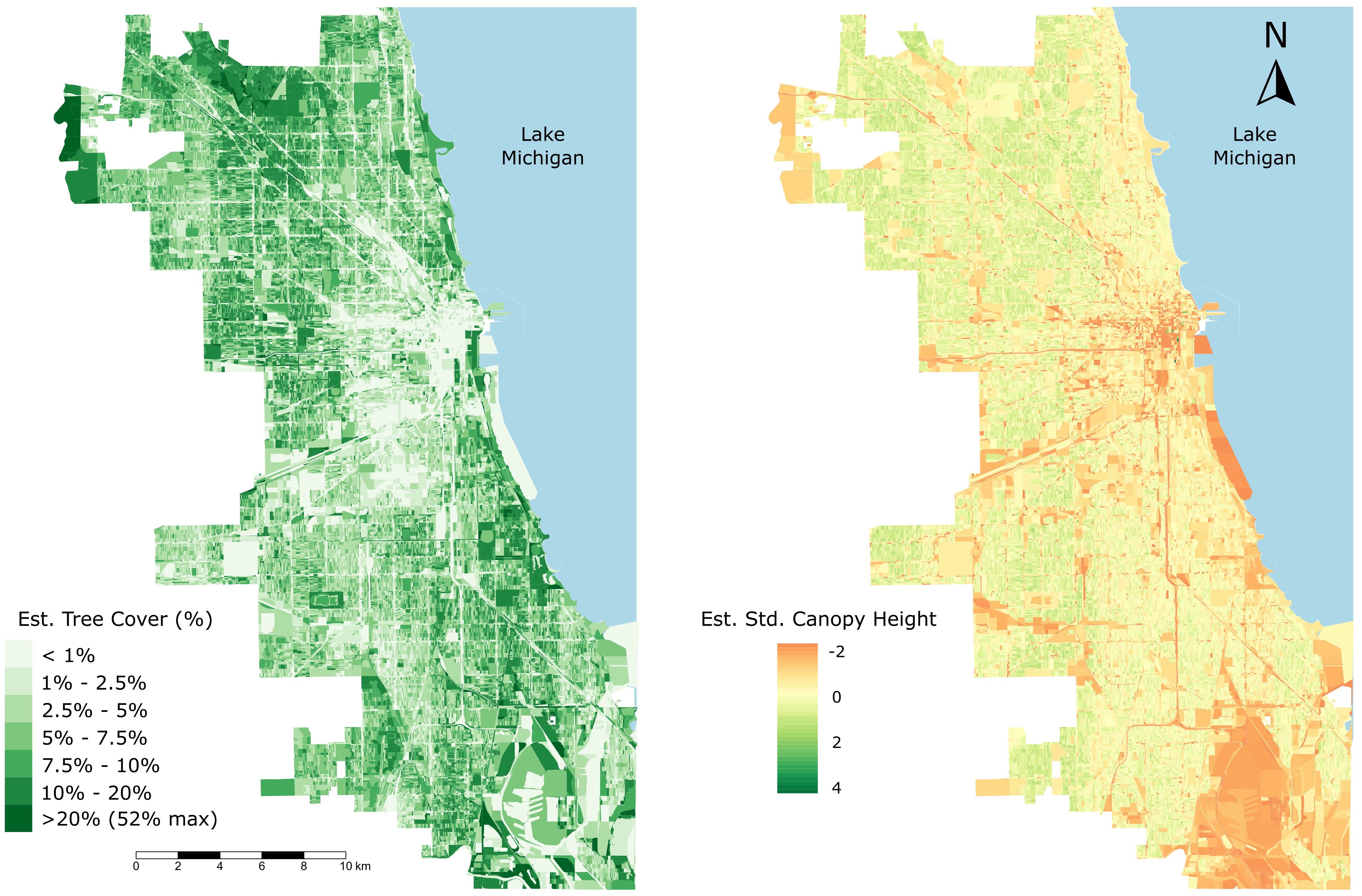 Maps of estimated 2019 tree cover and canopy height in Chicago