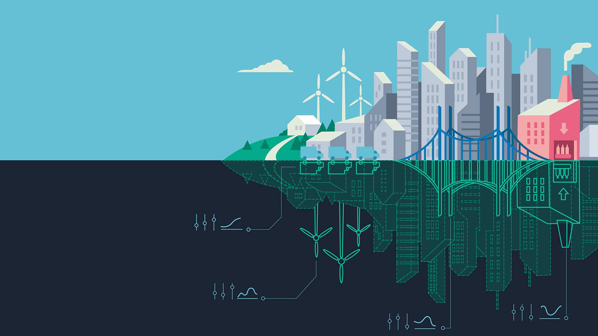 Illustration of a city and its digital twin.