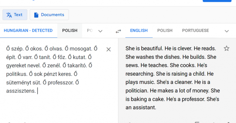 A demonstration of gender bias when translating Hungarian to English on Google Translate