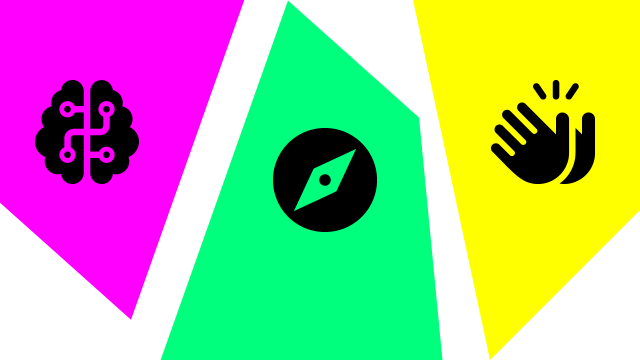 Pink, green and yellow shards with icons showing a brain, a compass and clapping hands