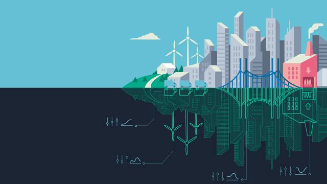 Illustration of a cityscape with its digital twin reflected in the water beneath it