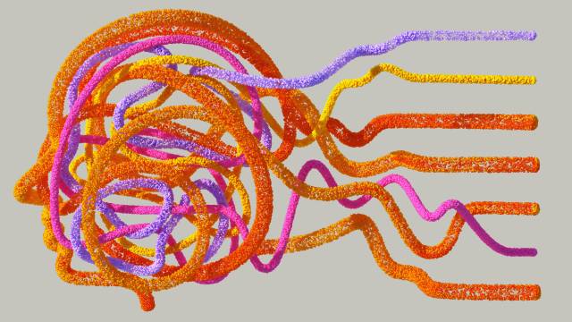 Colourful strands in the shape of a human face 
