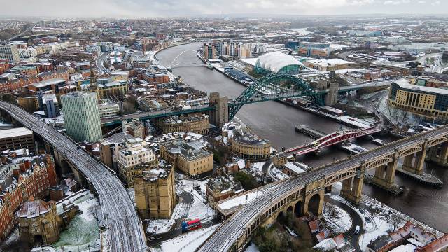 Aerial photograph of Newcastle upon Tyne covered in snow